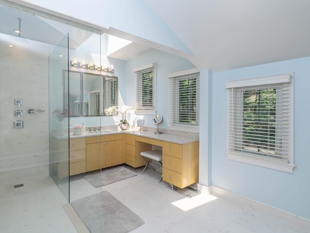 70 Scudders Ln, Roslyn Harbor, NY 11576 - bathroom with a marble finish shower, vanity, marble finish flooring, vaulted ceiling, and a chandelier