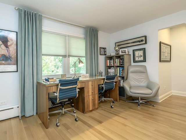 70 Scudders Ln, Roslyn Harbor, NY 11576 - home office featuring light wood finished floors and a baseboard radiator