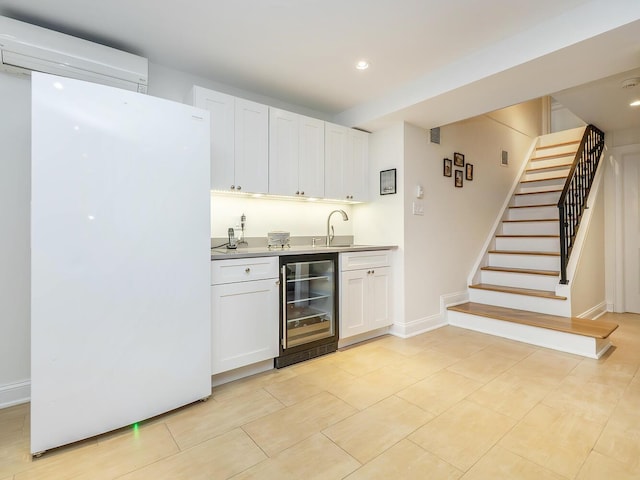 70 Scudders Ln, Roslyn Harbor, NY 11576 - indoor wet bar featuring freestanding refrigerator, wine cooler, stairs, a wall unit AC, and recessed lighting