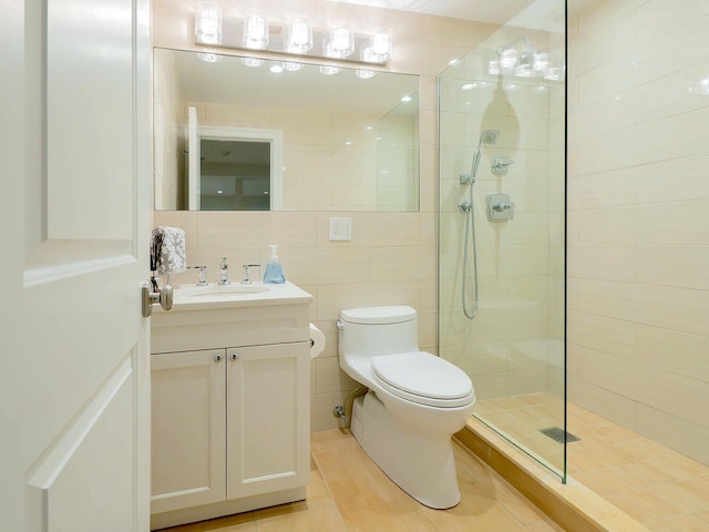 70 Scudders Ln, Roslyn Harbor, NY 11576 - bathroom with a walk in shower, vanity, tile walls, tile patterned flooring, and backsplash