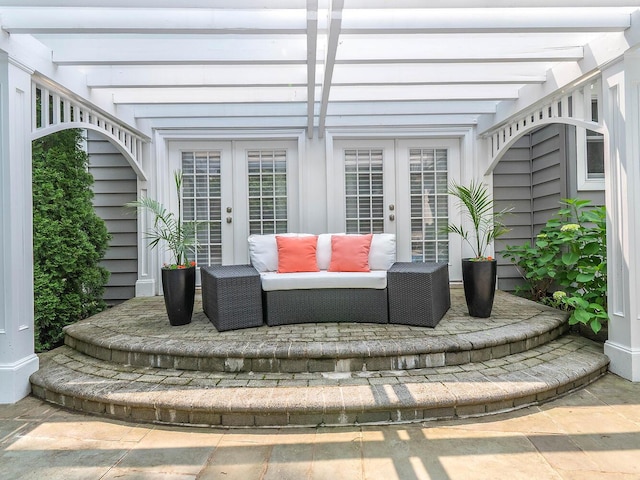 70 Scudders Ln, Roslyn Harbor, NY 11576 - view of patio / terrace with french doors and a pergola