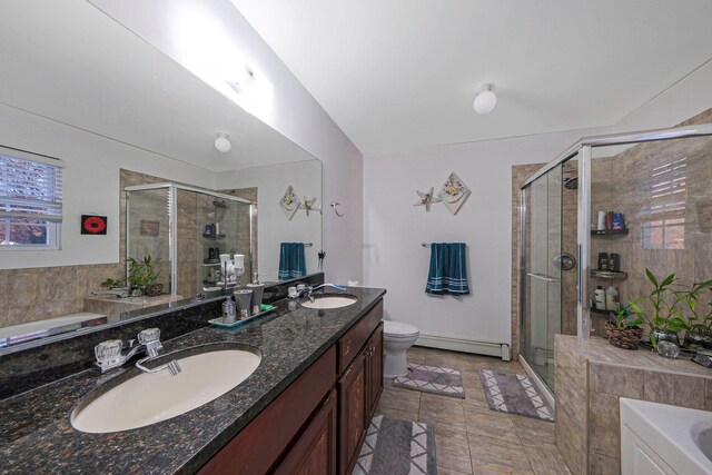 69 Plum St, Central Islip, NY 11722 - bathroom with a shower stall, double vanity, a bath, baseboard heating, and toilet
