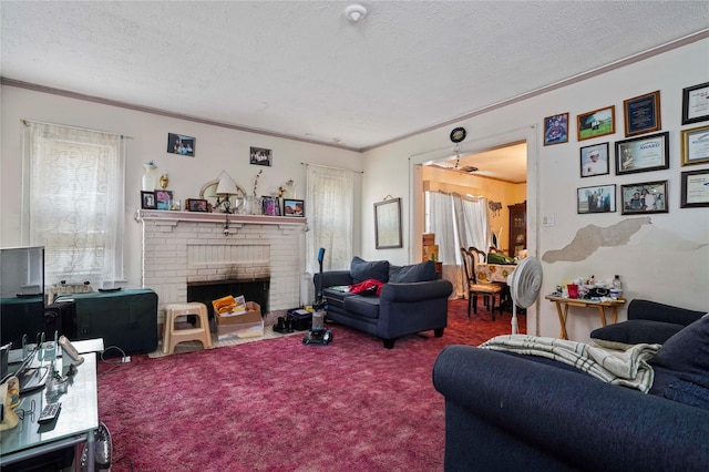 109 Leverich St, Hempstead, NY 11550 - carpeted living area featuring ornamental molding, a fireplace, and a textured ceiling