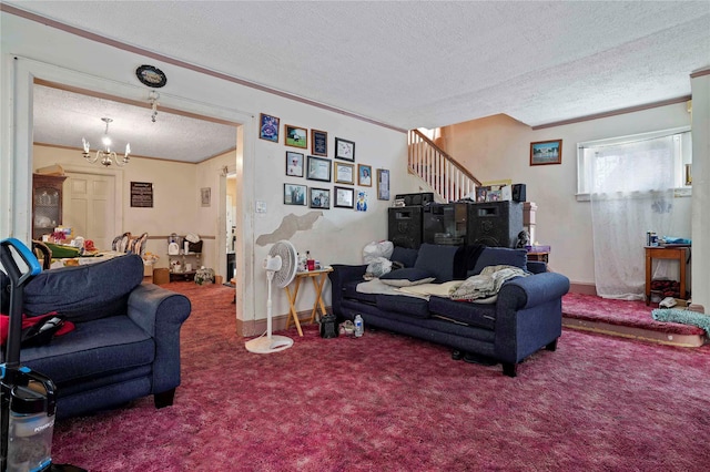 109 Leverich St, Hempstead, NY 11550 - carpeted living room featuring a textured ceiling, a chandelier, stairway, and crown molding