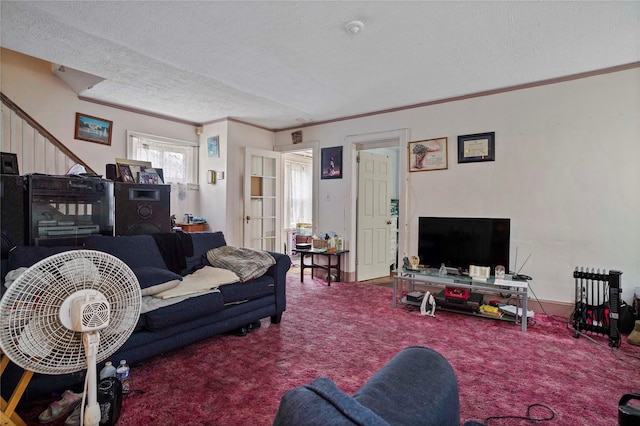 109 Leverich St, Hempstead, NY 11550 - living area with carpet, a textured ceiling, and crown molding