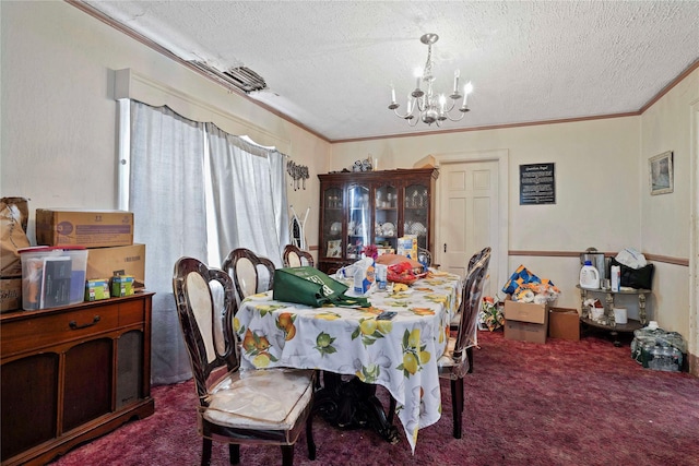 109 Leverich St, Hempstead, NY 11550 - dining room with carpet flooring, a chandelier, a textured ceiling, and ornamental molding