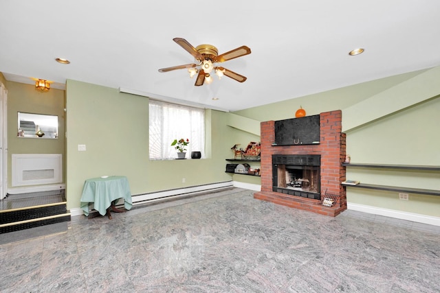 80-04 Cowles Ct, Middle Village, NY 11379 - living room with a baseboard heating unit, ceiling fan, a fireplace, recessed lighting, and granite floors