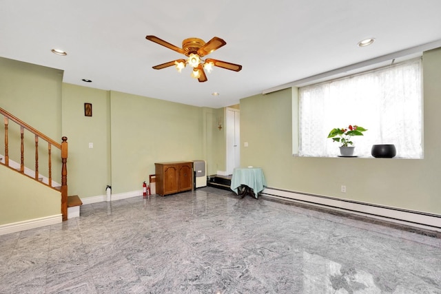 80-04 Cowles Ct, Middle Village, NY 11379 - unfurnished living room with a ceiling fan, granite tiled floors, a baseboard heating unit, recessed lighting, and stairway