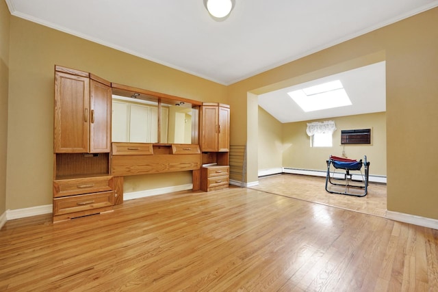80-04 Cowles Ct, Middle Village, NY 11379 - additional living space with a skylight, light wood-style flooring, baseboard heating, an AC wall unit, and an office area