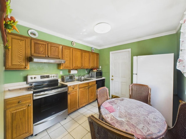 335 Loring Rd, Levittown, NY 11756 - kitchen featuring appliances with stainless steel finishes, under cabinet range hood, light countertops, light tile patterned floors, and ornamental molding