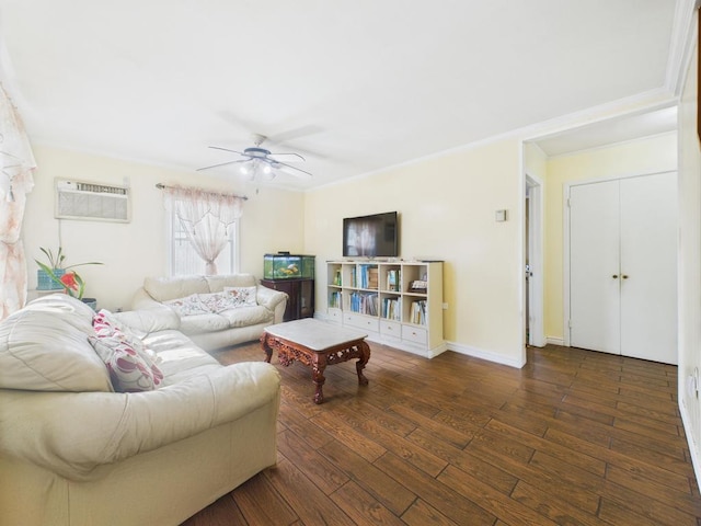 335 Loring Rd, Levittown, NY 11756 - living room with an AC wall unit, a ceiling fan, hardwood / wood-style flooring, and ornamental molding