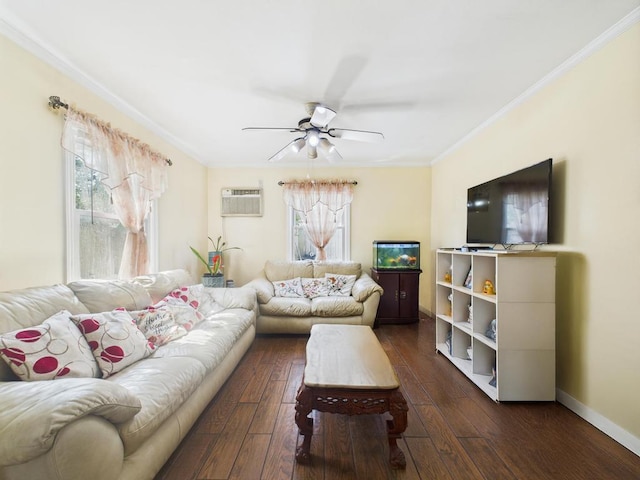 335 Loring Rd, Levittown, NY 11756 - living room with ceiling fan, crown molding, dark wood-type flooring, and a wall mounted AC