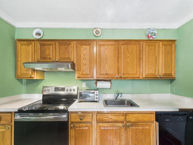 335 Loring Rd, Levittown, NY 11756 - kitchen with ventilation hood, stainless steel range with electric cooktop, black dishwasher, and light countertops
