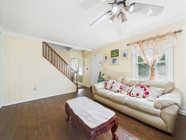 335 Loring Rd, Levittown, NY 11756 - living area featuring hardwood / wood-style flooring, stairway, a ceiling fan, and crown molding