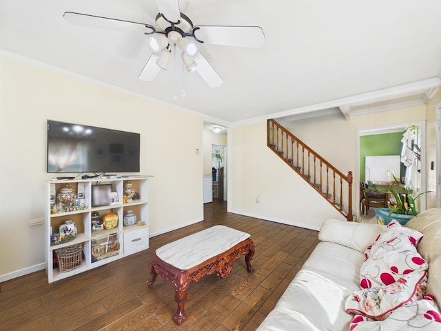 335 Loring Rd, Levittown, NY 11756 - living room featuring a ceiling fan, stairway, crown molding, and hardwood / wood-style flooring
