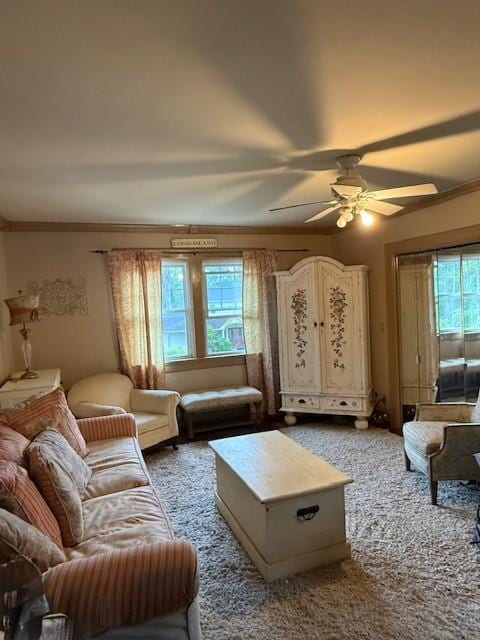 268 Windsor Ave, Brightwaters, NY 11718 - living room with ceiling fan, ornamental molding, and carpet floors