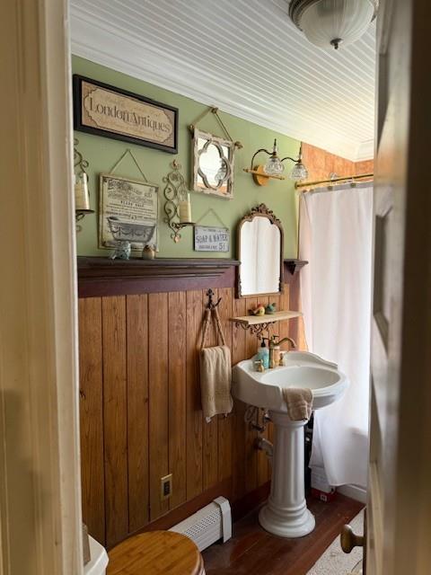 268 Windsor Ave, Brightwaters, NY 11718 - bathroom with wooden walls, wood finished floors, a wainscoted wall, ornamental molding, and curtained shower