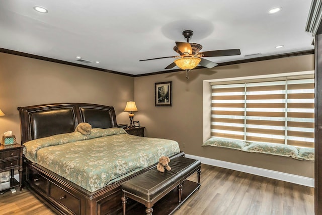 147 The Knl, Syosset, NY 11791 - bedroom featuring wood finished floors, crown molding, recessed lighting, and a ceiling fan