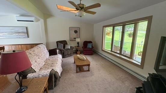 105 White Sulphur Rd, Swan Lake, NY 12783 - living room featuring a wall mounted AC, carpet floors, a ceiling fan, and a baseboard heating unit