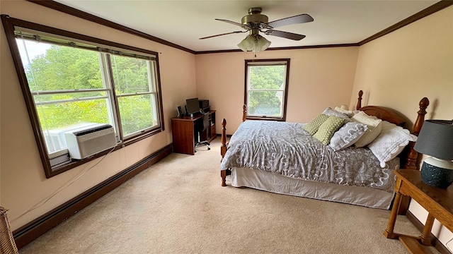 105 White Sulphur Rd, Swan Lake, NY 12783 - bedroom featuring light carpet, baseboard heating, cooling unit, crown molding, and a ceiling fan