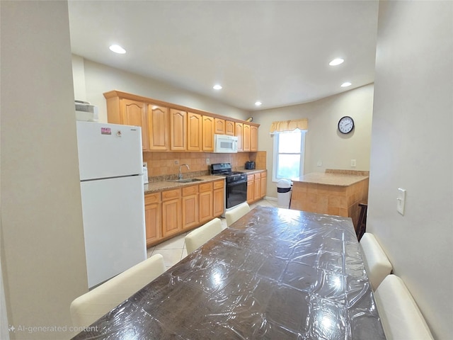 7622 60th Ln, Glendale, NY 11385 - kitchen featuring white appliances, tasteful backsplash, recessed lighting, light tile patterned flooring, and light stone counters