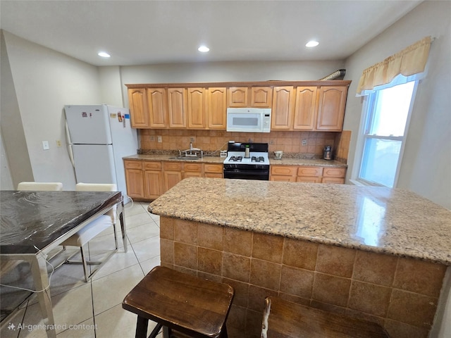7622 60th Ln, Glendale, NY 11385 - kitchen with white appliances, decorative backsplash, light tile patterned floors, light stone counters, and recessed lighting