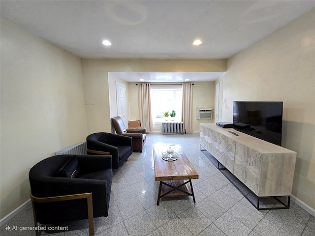 7622 60th Ln, Glendale, NY 11385 - living area with radiator heating unit, a wall unit AC, recessed lighting, and granite floors
