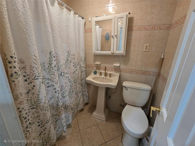 7622 60th Ln, Glendale, NY 11385 - full bathroom with tile patterned flooring, tile walls, and a shower with shower curtain