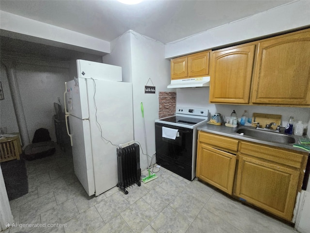 7622 60th Ln, Glendale, NY 11385 - kitchen with range with electric stovetop, under cabinet range hood, freestanding refrigerator, and brown cabinets