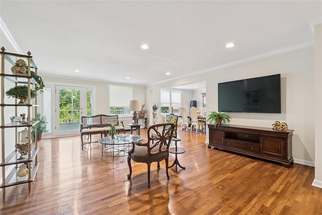 1390 Broadway Unit 118, Hewlett, NY 11557 - living room featuring crown molding, wood finished floors, and recessed lighting