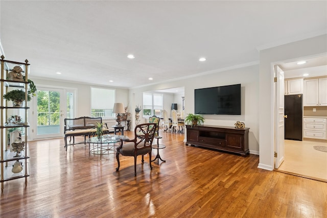 1390 Broadway Unit 118, Hewlett, NY 11557 - living area featuring crown molding, wood finished floors, and recessed lighting