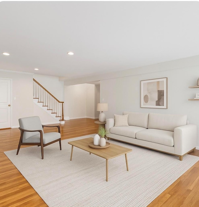 1390 Broadway Unit 118, Hewlett, NY 11557 - living room featuring light wood finished floors, stairway, and recessed lighting