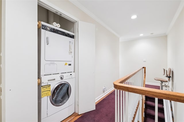 1390 Broadway Unit 118, Hewlett, NY 11557 - washroom featuring stacked washer / drying machine, crown molding, recessed lighting, and carpet floors