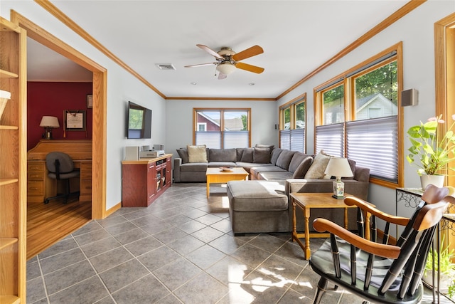 37 Rutland St, Mount Kisco, NY 10549 - living room with crown molding, ceiling fan, and dark tile patterned floors