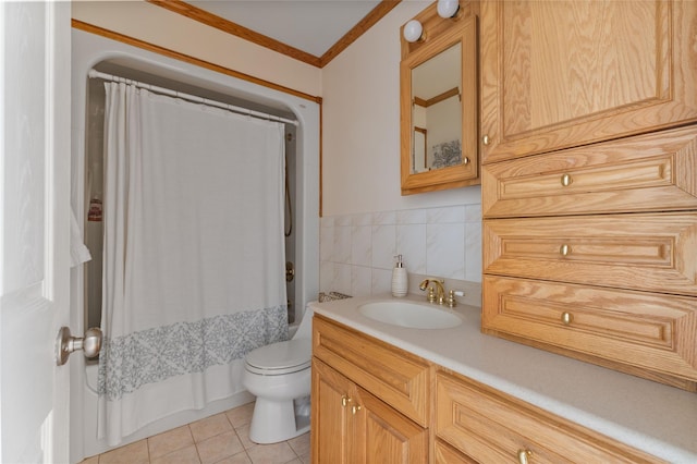 37 Rutland St, Mount Kisco, NY 10549 - full bath featuring tile patterned floors, vanity, shower / tub combo with curtain, tile walls, and ornamental molding