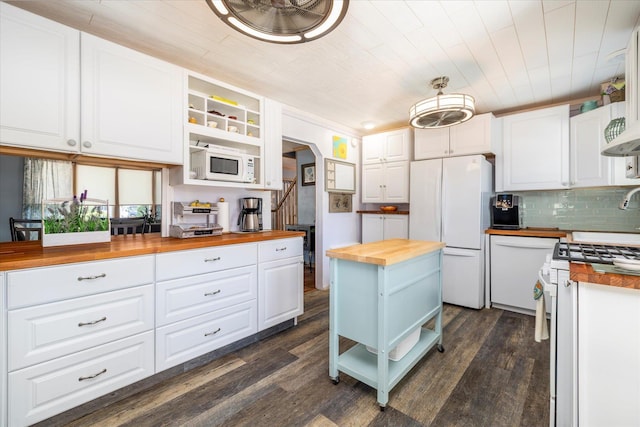 100 Virginia St, Valley Stream, NY 11580 - kitchen with butcher block counters, white appliances, open shelves, white cabinets, and wooden ceiling
