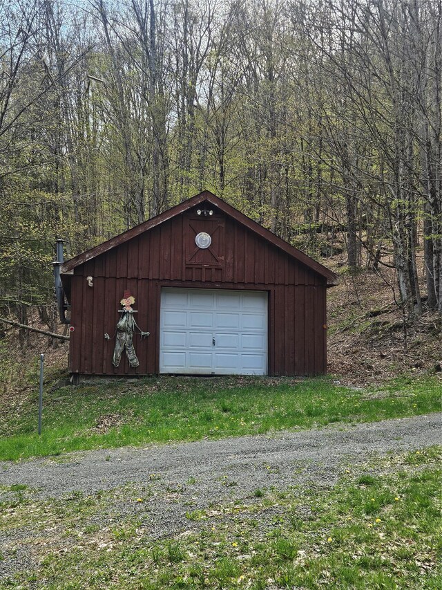 470 Shaver Hill Rd, Andes, NY 13731 - detached garage with driveway and a wooded view