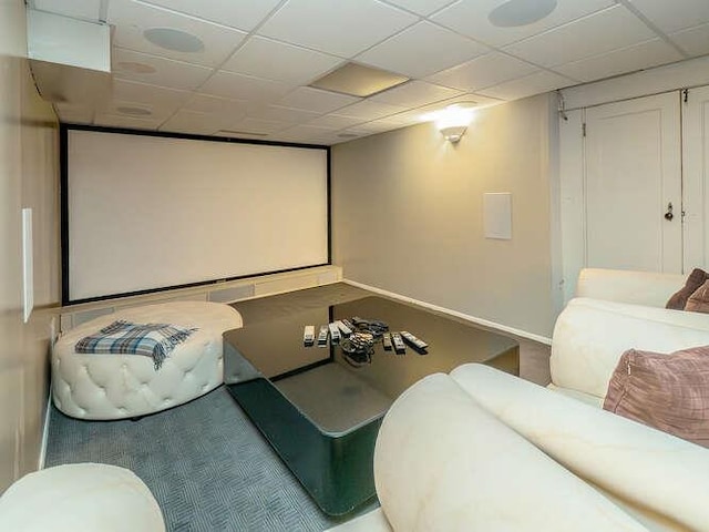 44 Glenwood Rd, Glen Head, NY 11545 - home theater featuring carpet, a paneled ceiling, and baseboards