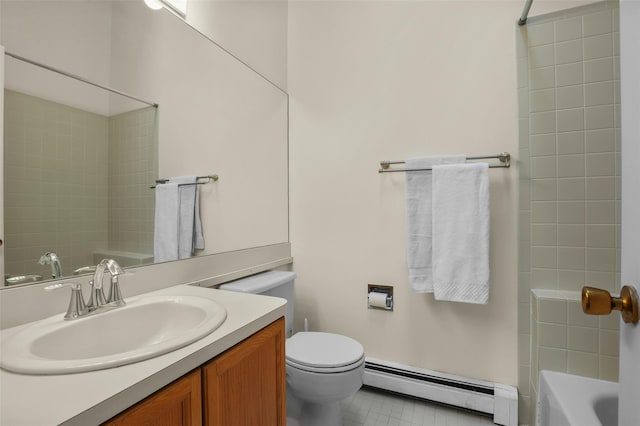 14 Bleakley Dr Unit 14, Peekskill, NY 10566 - bathroom with baseboard heating, vanity, shower / bath combination, and tile patterned flooring