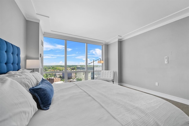 5 Renaissance Sq Unit 23B, White Plains, NY 10601 - bedroom featuring a wall of windows, ornamental molding, baseboards, and carpet floors