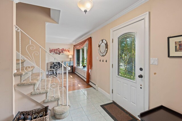 29 Ravenwood Dr, Kings Park, NY 11754 - foyer with stairway, light tile patterned floors, crown molding, baseboards, and baseboard heating