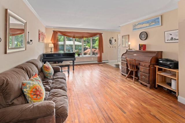 29 Ravenwood Dr, Kings Park, NY 11754 - living room with ornamental molding, wood finished floors, baseboard heating, and baseboards