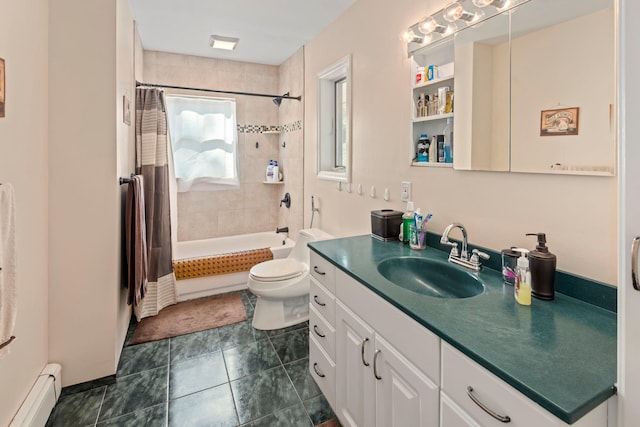 29 Ravenwood Dr, Kings Park, NY 11754 - full bath featuring a baseboard heating unit, shower / tub combo, vanity, toilet, and tile patterned flooring