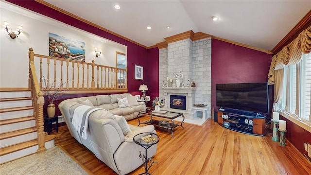 81 Avondale Rd, Yonkers, NY 10710 - living area featuring crown molding, wood finished floors, stairs, a fireplace, and recessed lighting
