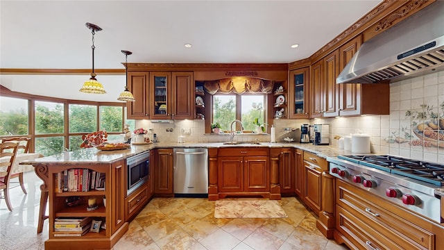 81 Avondale Rd, Yonkers, NY 10710 - kitchen with extractor fan, appliances with stainless steel finishes, open shelves, brown cabinetry, and light stone counters