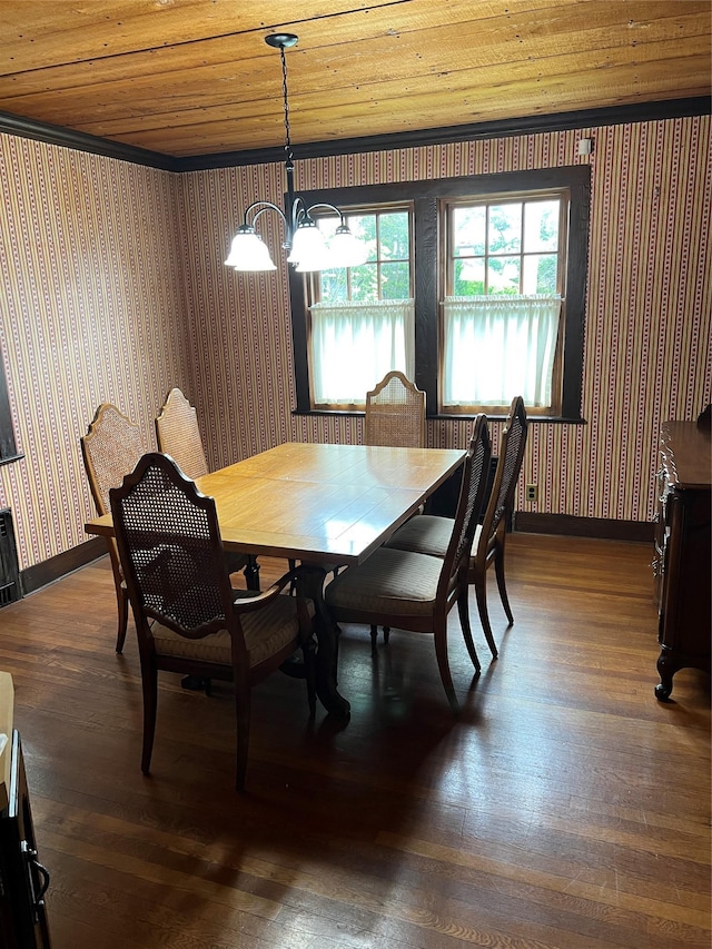 8 Alexine Ave, East Rockaway, NY 11518 - dining area featuring wallpapered walls, a chandelier, wood-type flooring, baseboards, and wood ceiling