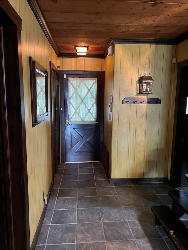 8 Alexine Ave, East Rockaway, NY 11518 - doorway featuring wood ceiling, wood walls, crown molding, and baseboards