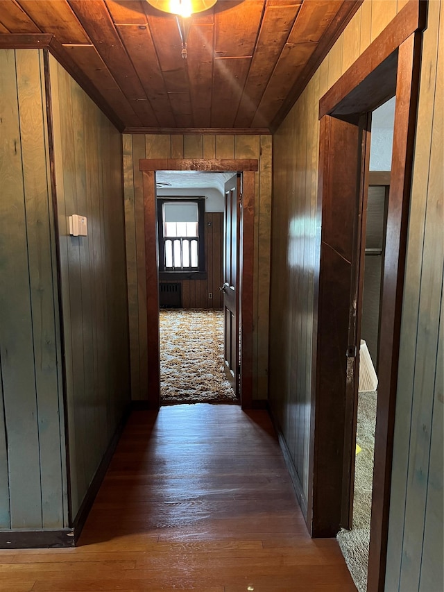 8 Alexine Ave, East Rockaway, NY 11518 - corridor featuring wooden walls, wood ceiling, and hardwood / wood-style flooring