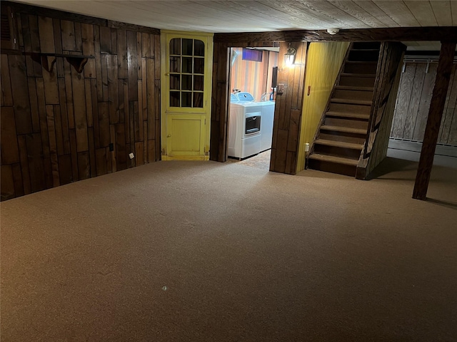 8 Alexine Ave, East Rockaway, NY 11518 - finished basement with washer / dryer, wooden walls, stairs, carpet floors, and wood ceiling
