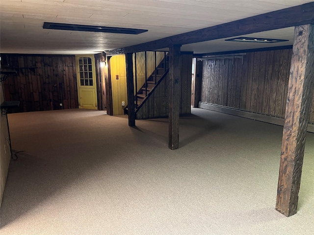 8 Alexine Ave, East Rockaway, NY 11518 - finished basement with wood walls, carpet floors, and stairway